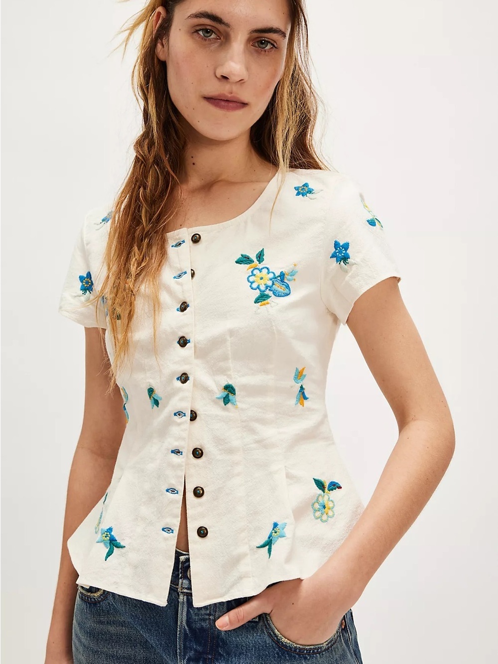 Free People Kelly Embroidered Blouse NWT X-Small Ivory Floral Peplum Cottagecore